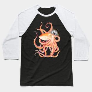 Red Octopus and Compass Nautical Marine Baseball T-Shirt